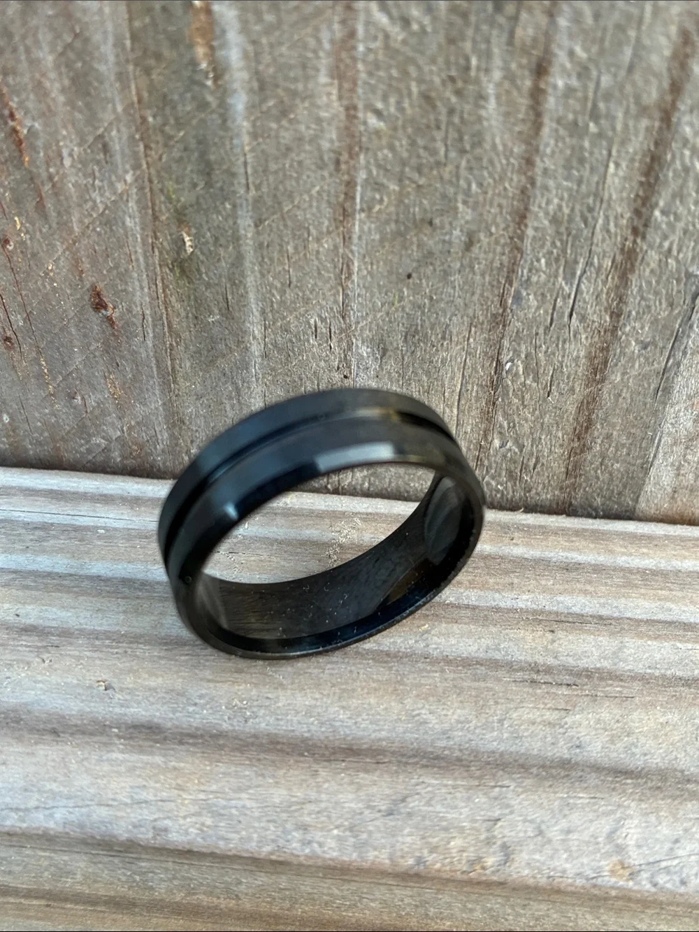 Black Men's Stainless Steel Band Ring - Sleek Two-Groove Design